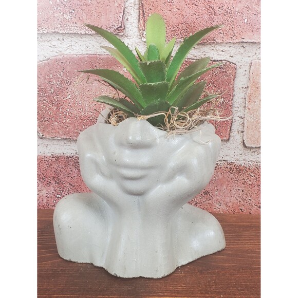 Cement Face Planter Pot, Concrete Persons Upper Body Succulent Planter - Picture 7 of 10